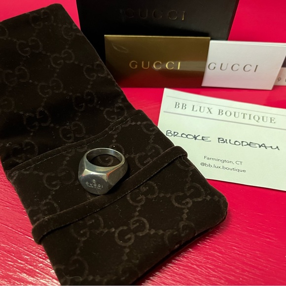RARE GUCCI 925 Sterling Silver Signet size 5.5 Authentic- full set w/ box, pouch - Picture 6 of 16